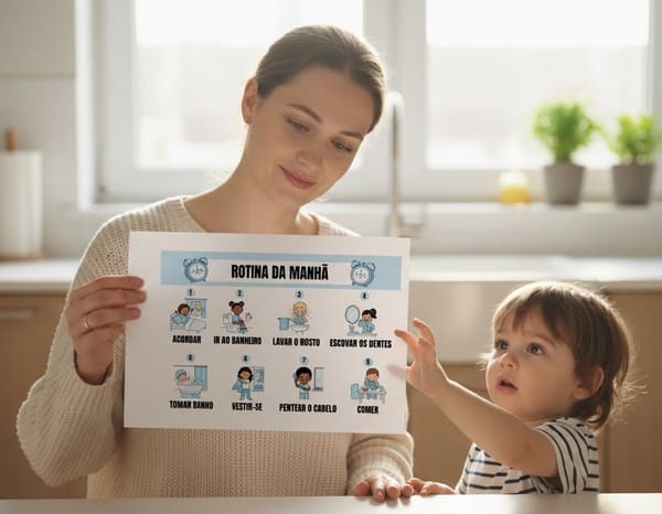 Mãe mostrando a rotina para a criança